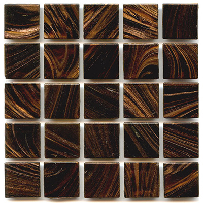 Rich dark brown tiles with copper swirls creates hakatai aventurine glass tile called Henna